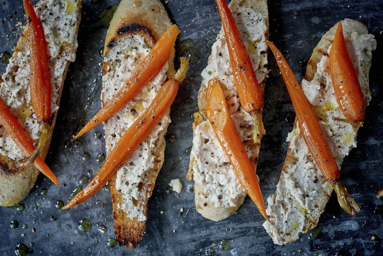 Pickled baby carrot bruschetta with whipped feta and miso
