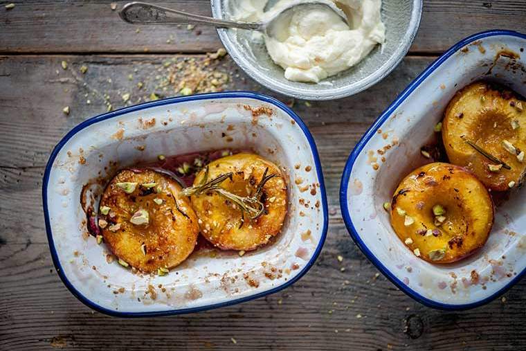 Roast peaches in rosemary sugar syrup, with orange blossom mascarpone and pistachios recipe