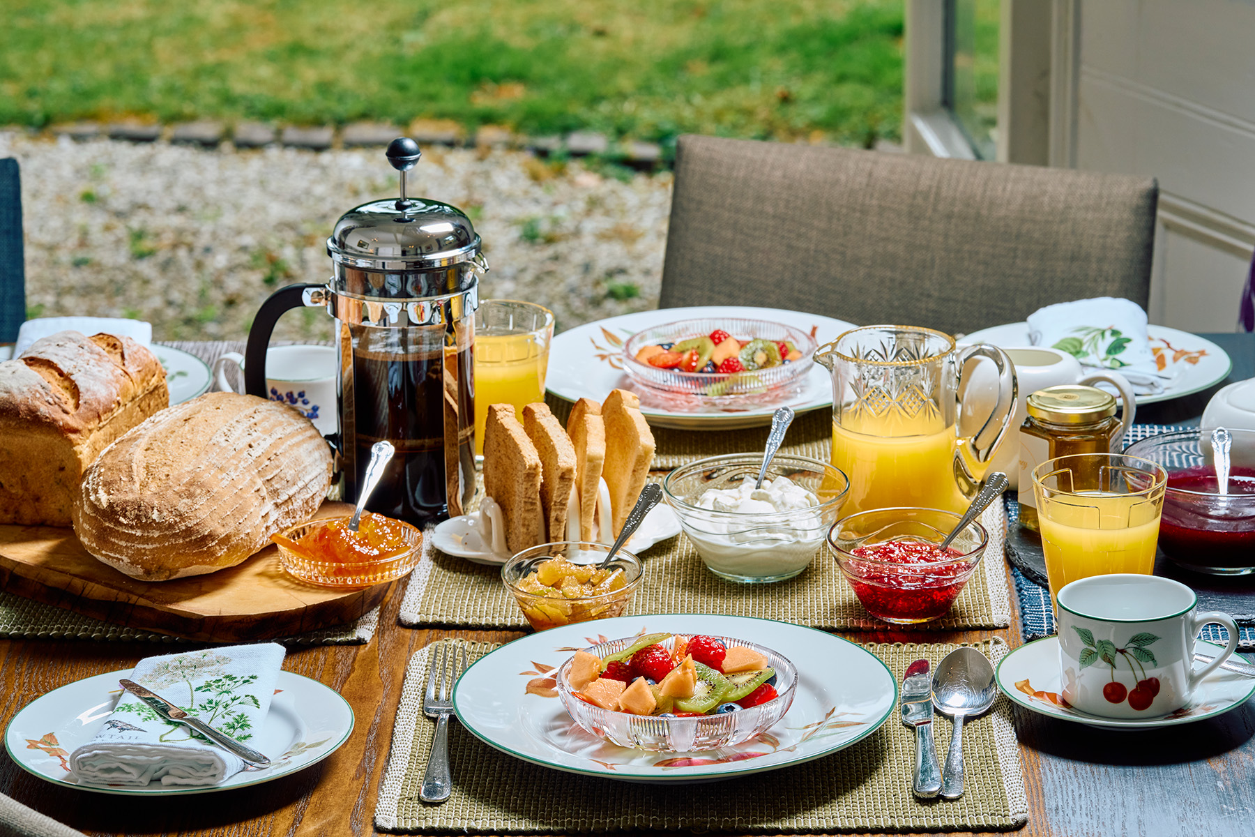 Breakfast at Harrabeer. Fresh fruit served with homemade bread and jam