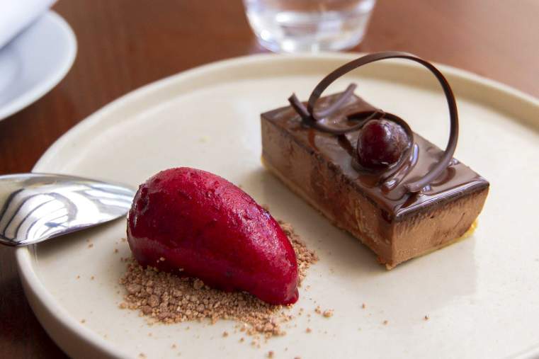 Chocolate cheesecake with a cherry jelly topping