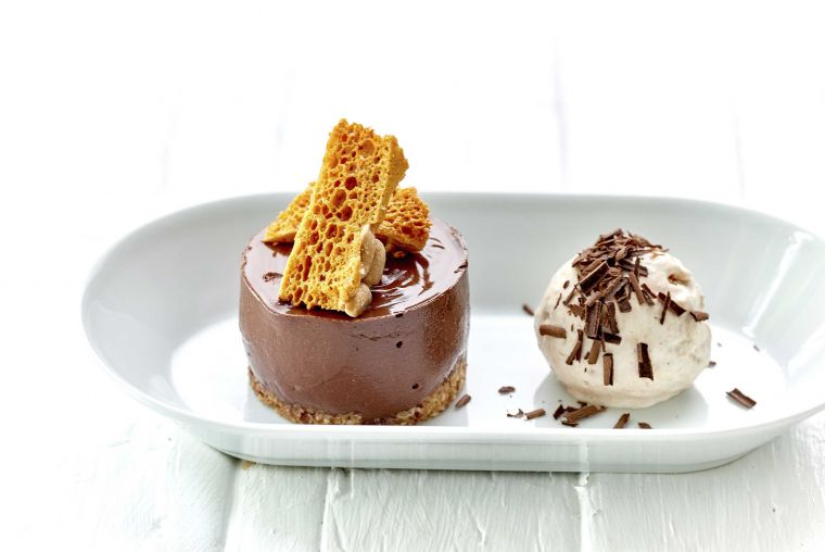 Chocolate delice with gin & rhubarb ice cream & salted peanut honeycomb recipe