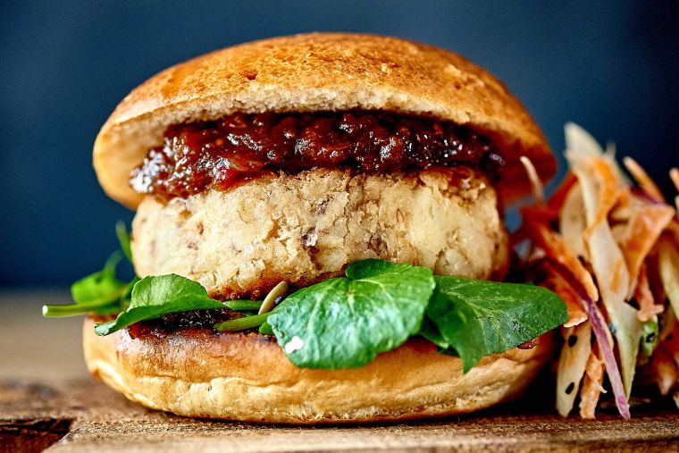 Fishcake burgers with tomato & tamarind relish, watercress salad and homemade slaw