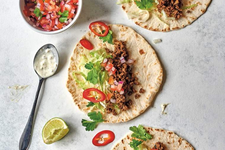 Ground chilli beef taco with jalapeño aioli