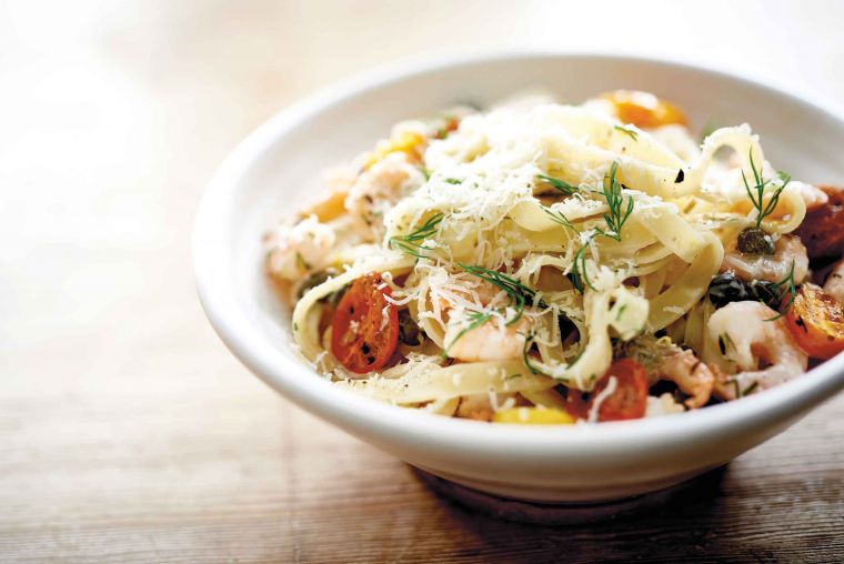 Tagliatelle with prawns, roast cherry tomatoes, lemon, dill and crème fraîche