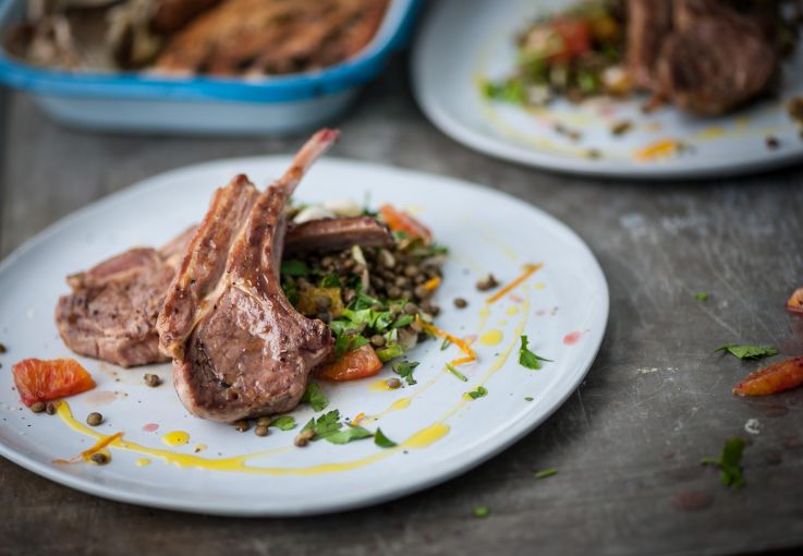 Lamb cutlets with puy lentils, chicory and blood orange salad, purple sprouting and parmesan gratin recipe