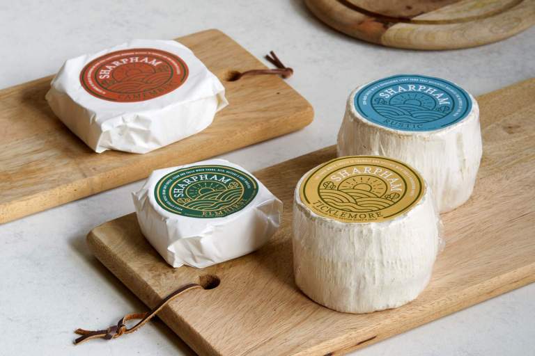 Sharpham Cheese selection: Elmhurst, Camembert, Rustic and Ticklemore