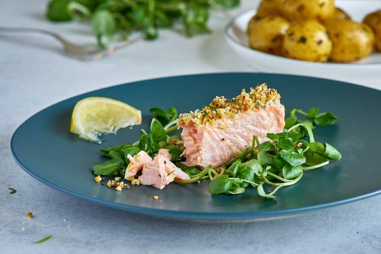 Baked salmon with fennel mustard crust