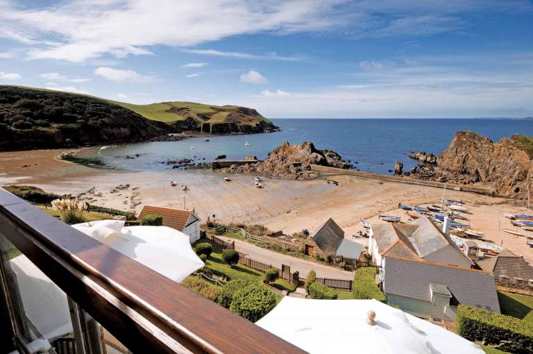 View from the balcony. The Cottage Hotel, Hope Cove, Devon