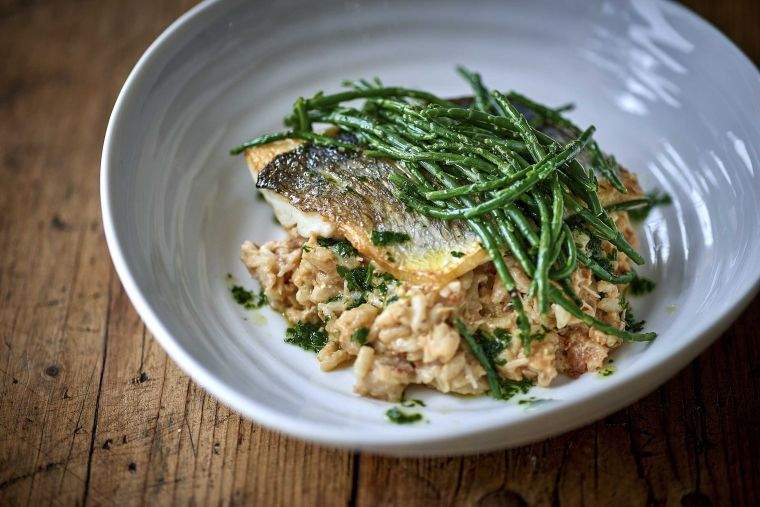 Crab risotto with pan-fried fish, samphire & parsley oil