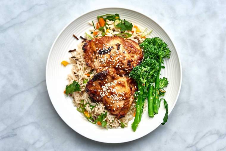 Miso-marinated chicken thighs, rice salad, soy-roasted broccoli