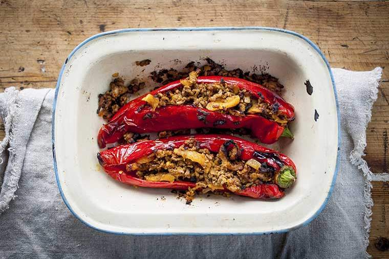 Romano peppers stuffed with spiced beef, pork and apricots recipe