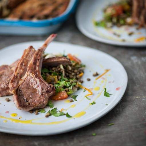 Lamb cutlets with puy lentils, chicory and blood orange salad, purple sprouting and parmesan gratin recipe