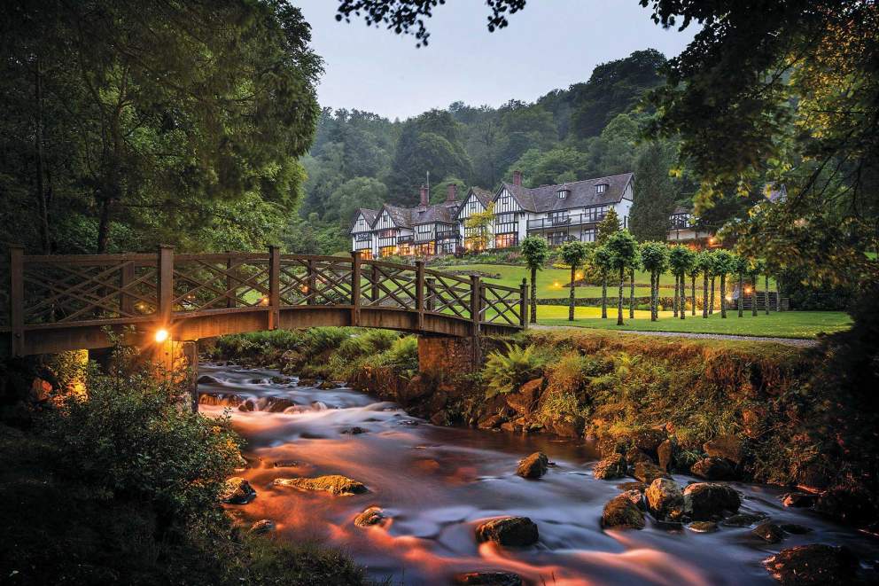 Gidleigh Park, view from river to hotel