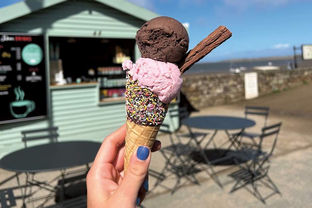 Strawberry and Chocolate Jazz Cone ice cream outside Johns